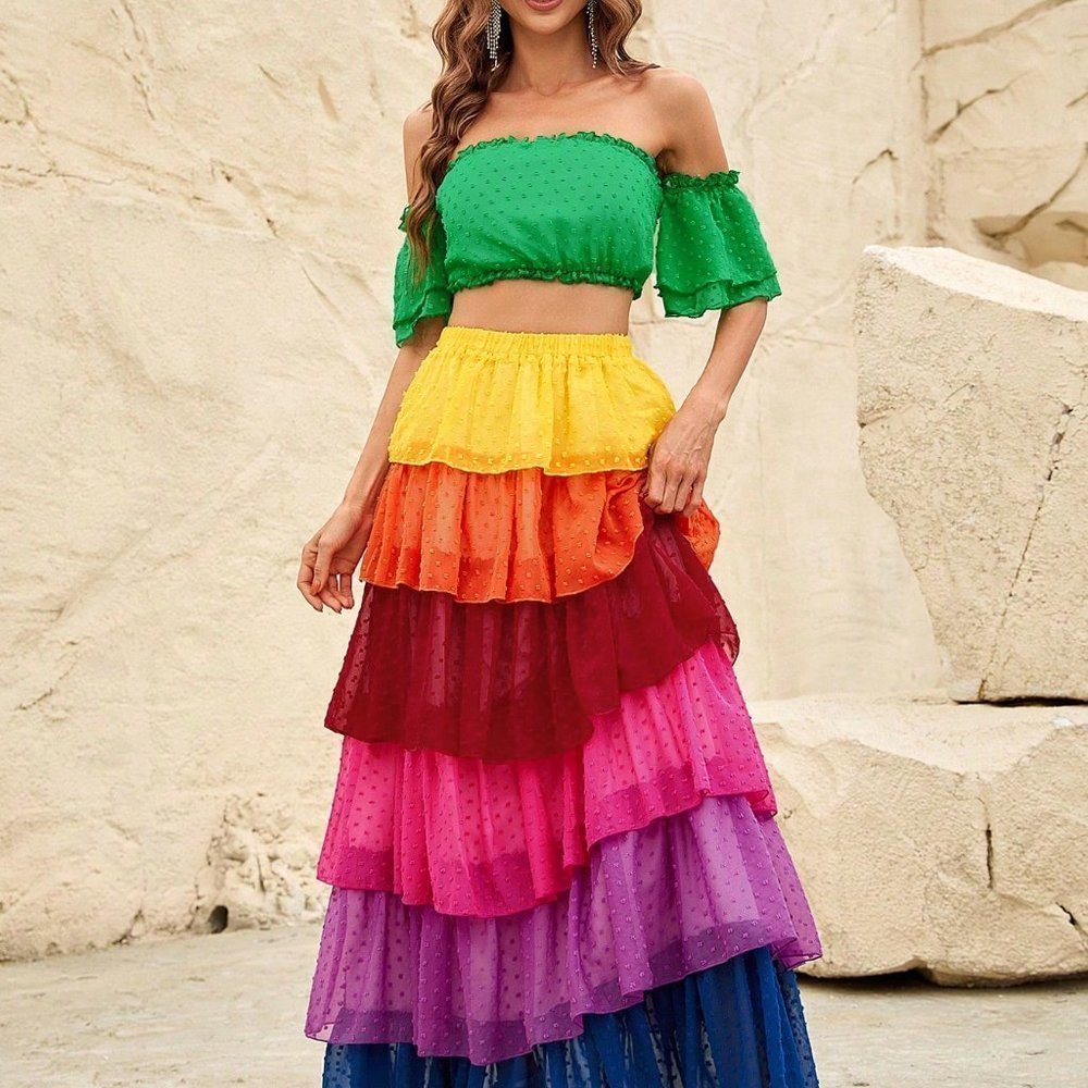 Multicolor Casual Womens Off Shoulder Crop Top & Colorblock Layered Hem Skirt - Picture 2 of 5
